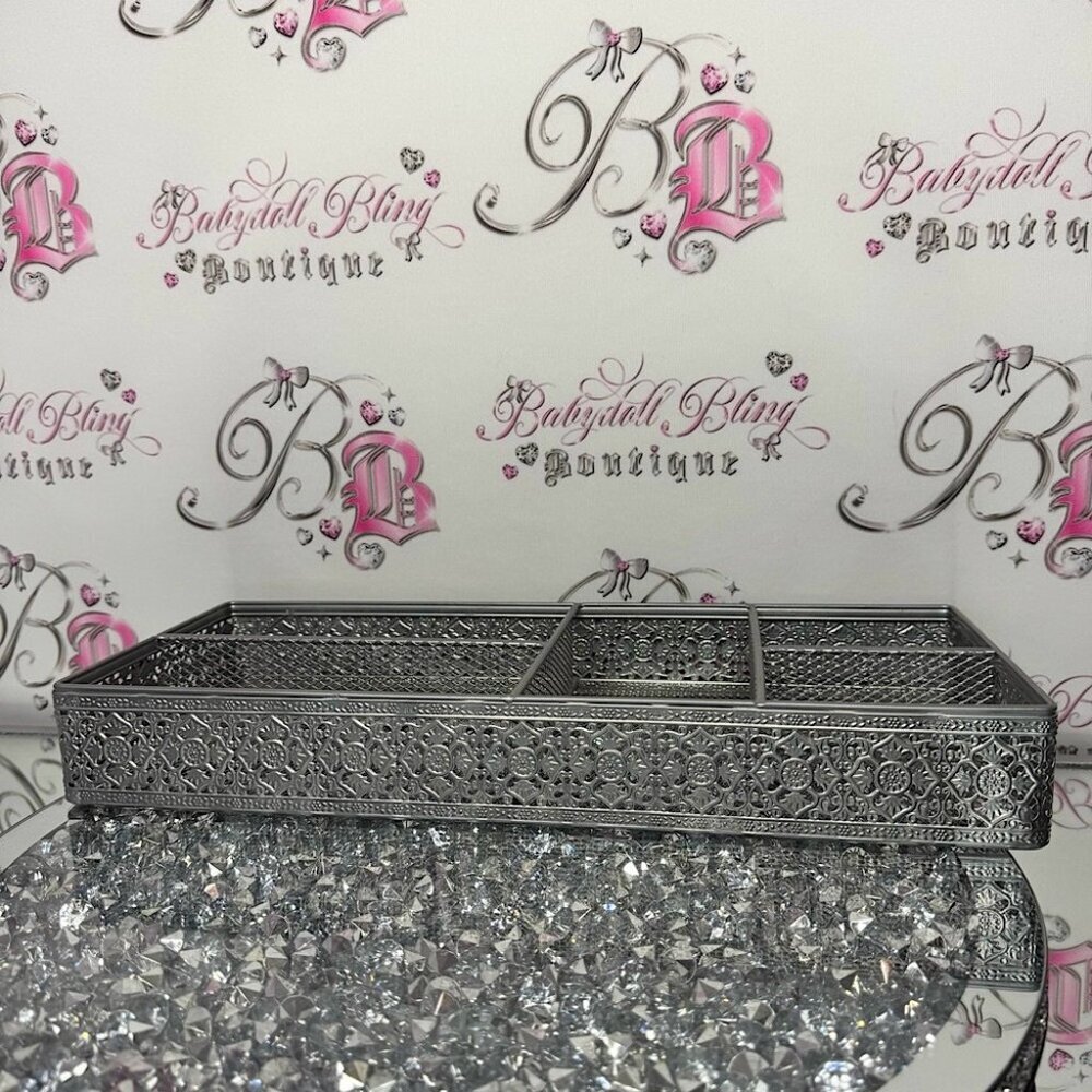 Tray organizer metal silver ornate luxe Elegant Silver Tray stunning home decor